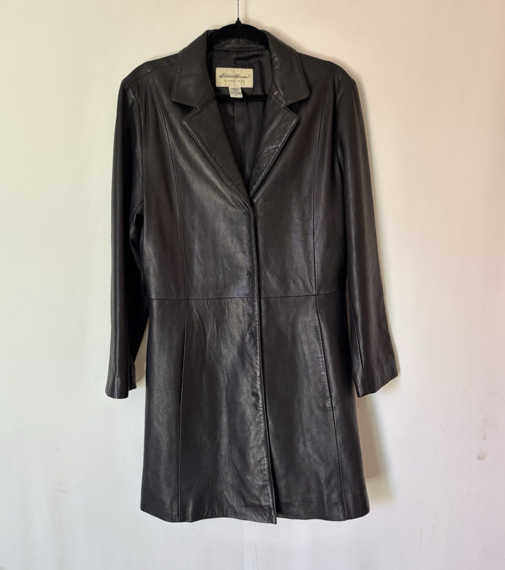 Eddie Bauer Leather Coat Jacket Large Womens Black Lambsskin Leather Longline